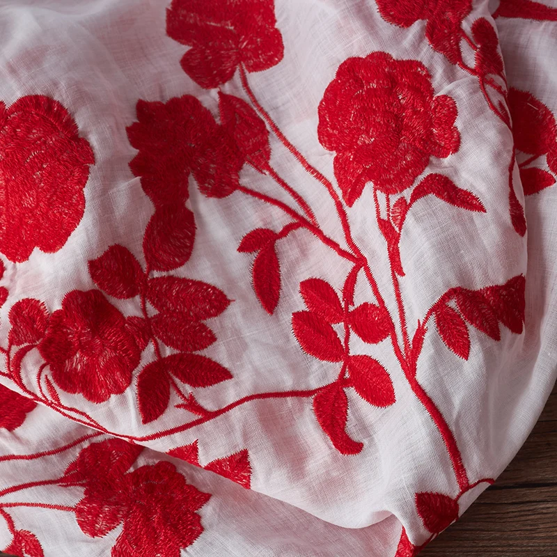 

Ramie embroidery red flowers fabric spring summer skirt dress fabric tissu doux tela suave 0.5meter