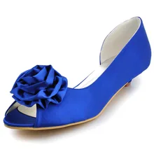 Free Shipping WM-007 Blue Casual Peep Toe Handmade Flower Low Heel Satin Wedding Shoes