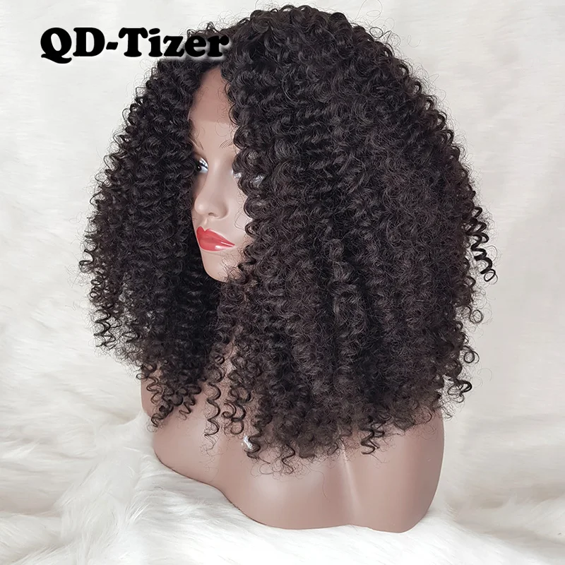 

QD-Tizer Afro Kinky Curly Wig Heat Resistant Synthetic Lace Front Wig Natural Hairline Glueless Wigs Natural Color