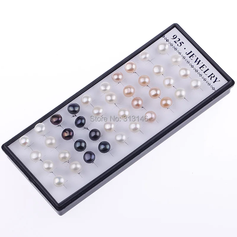 Модные ювелирные изделия, 40 шт./партия, серебряные, смешанные, пресноводные жемчужная Сережка-гвоздик, серьги для женщин с коробкой