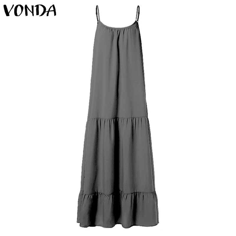 VONDA богемное женское длинное платье макси летнее сексуальное платье без рукавов на бретельках с рюшами праздничное платье размера плюс Vestido - Цвет: Grey