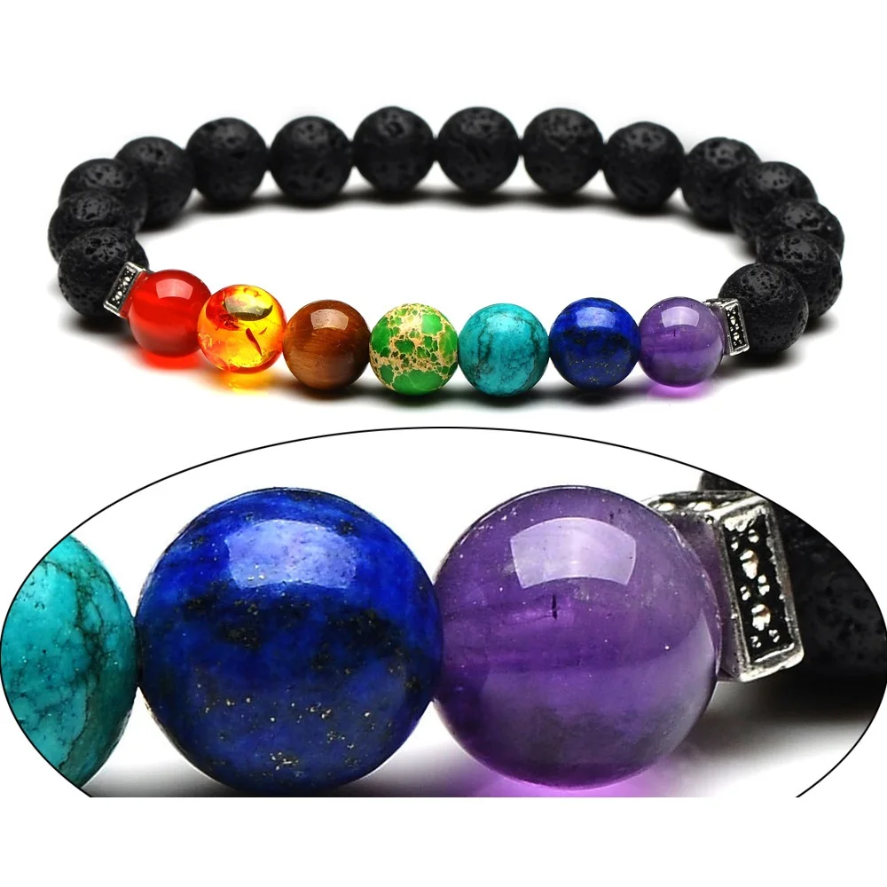 2 Styles 7 Chakras Beads 8mm Black Lava Stone Beads Bracelet DIY