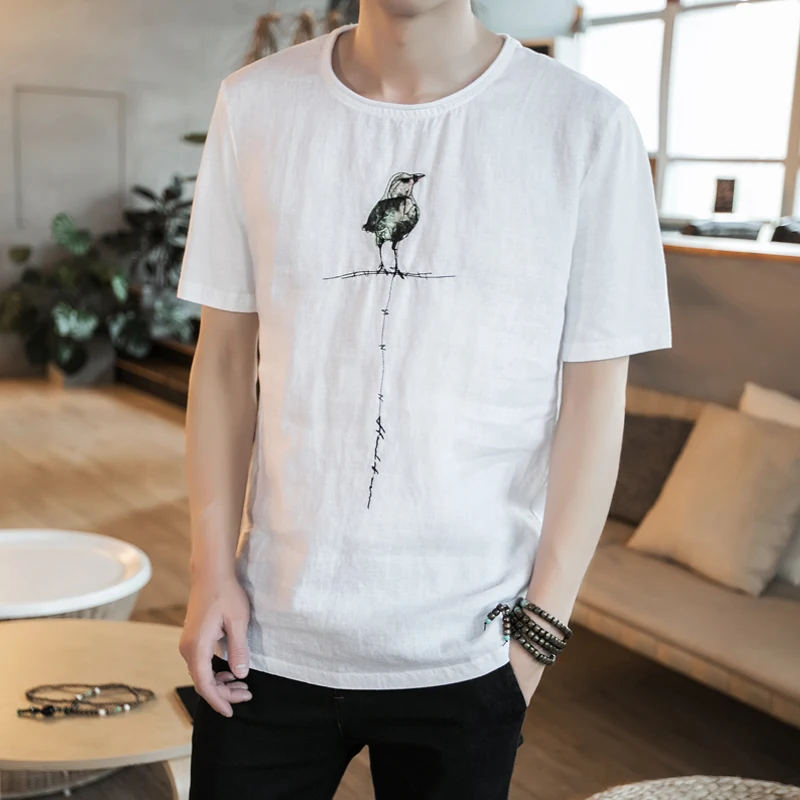 

MIXCUBIC 2018 summer Chinese style unique Embroidery bird linen t-shirt men casual slim Embroidery linen t shirts size M-5XL
