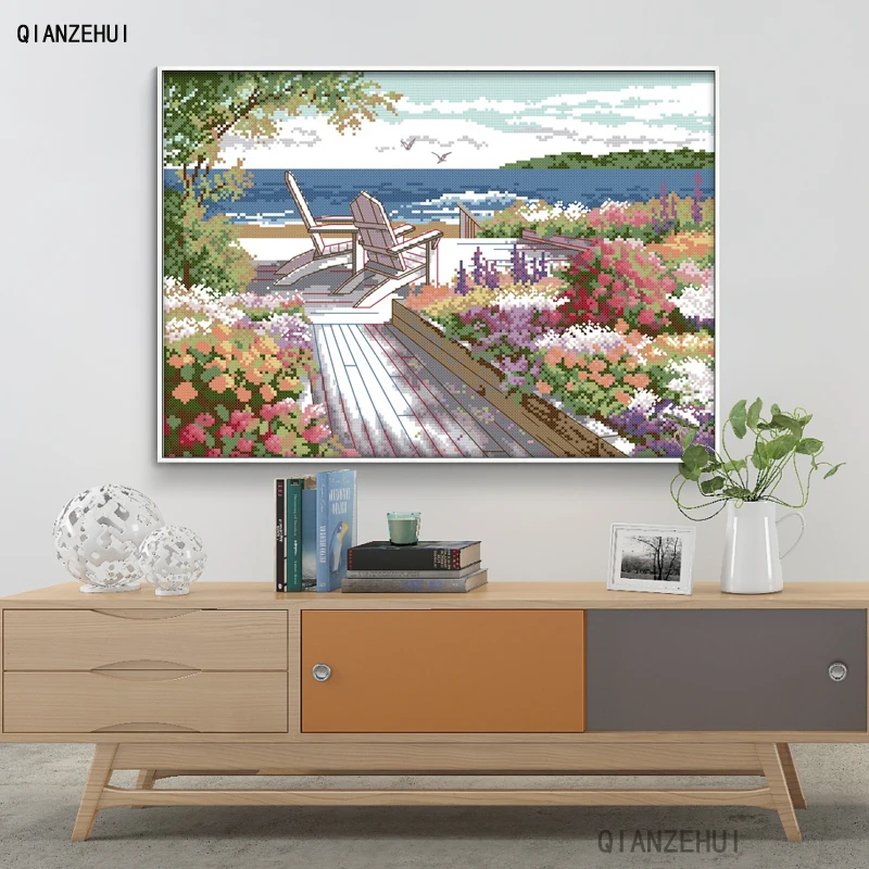 

QIANZEHUI,Needlework,DIY Seaside landscapes Cross stitch,Sets For Embroidery kits Country town Cross-Stitching,Wall Home Decro