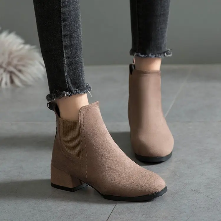 Botas de tacón grueso para mujer, botines sin cordones, color negro Camel,  otoño e invierno, 35 41|Botas de nieve| - AliExpress
