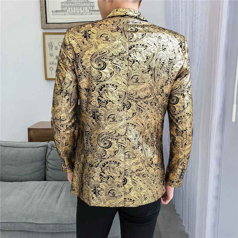 Plyesxale золото пиджак блейзер для мальчика Для мужчин 2019 Slim Fit Цветочный принт
