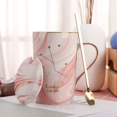OUSSIRRO натуральный мрамор 12 созвездие керамическая розовая Зодиак кружка с крышкой кофейные кружки творческая личность чашка 400 мл без свинца - Цвет: No gift box