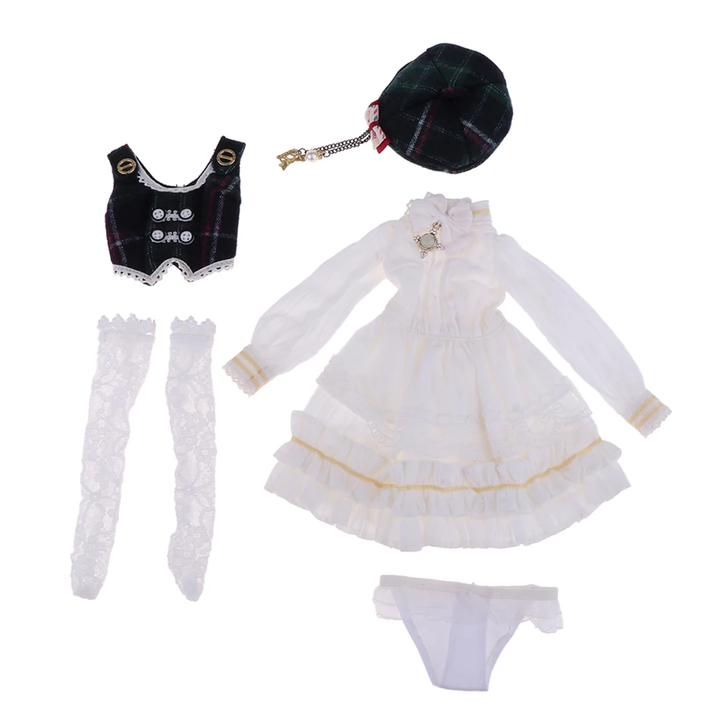 5pcs White Princess Long Sleeve Skirt Waistcoat Suit Formal Party Accs for 1/4 BJD Doll