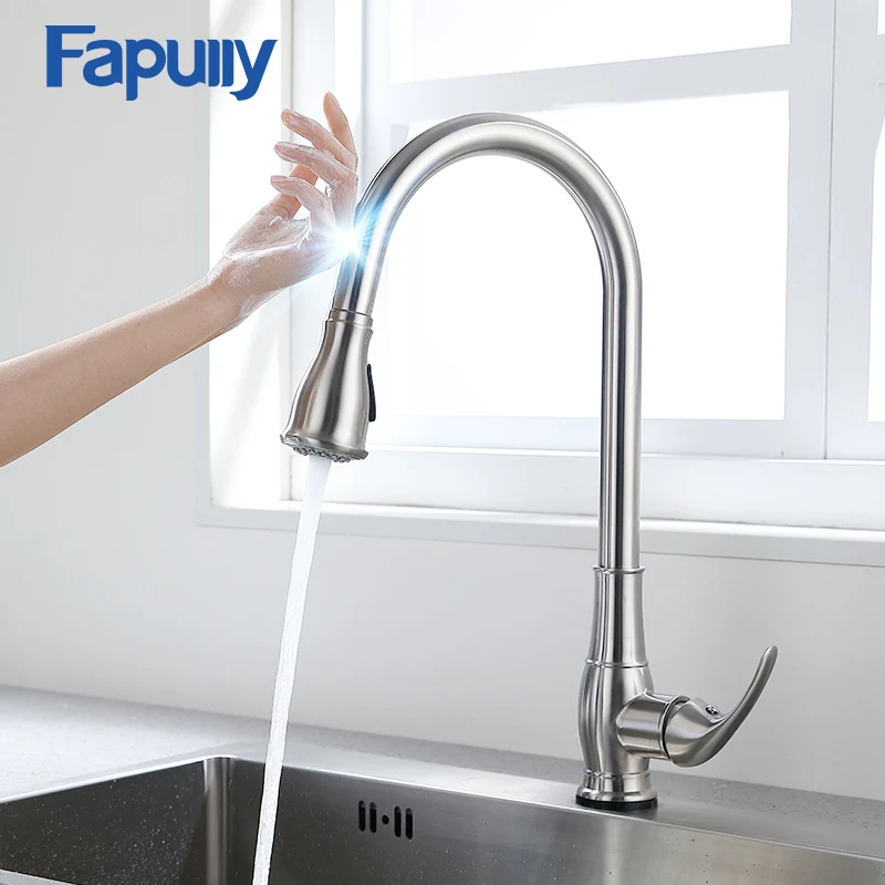 

Fapully Smart Touch Control Kitchen Faucet Brushed Black Sensitive Mixer Touch Induction Faucet Pull Down Sink Tap Crane CP1051