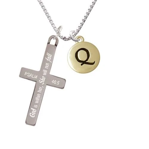 Capital Gold Tone Letter - Q - Pebble Disc - - She will not Fall - Cross Necklace (1)