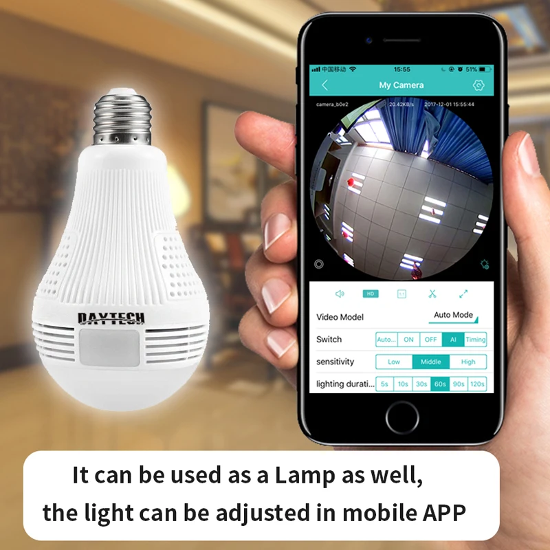 DAYTECH 1080P Wireless Panoramic IP Camera 2MP Home Surveillance Network Camera Security Lamp Night Vision Audio Free APP DAYTECH 1080P Wireless Panoramic IP Camera 2MP Home Surveillance Network Camera Security Lamp Night Vision Audio Free APP