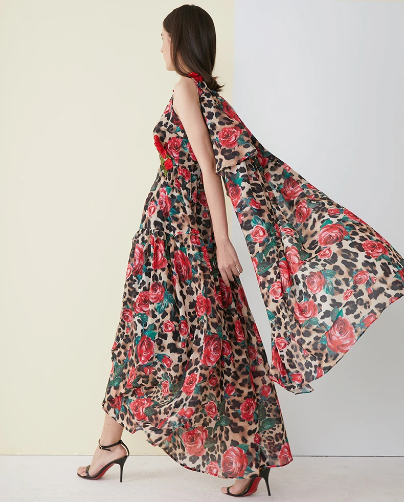 MoaaYina пикантные с леопардовым принтом платье-плащ v-образным вырезом Роуз аппликация вышивка Лето Для женщин платье отпуск элегантные макси