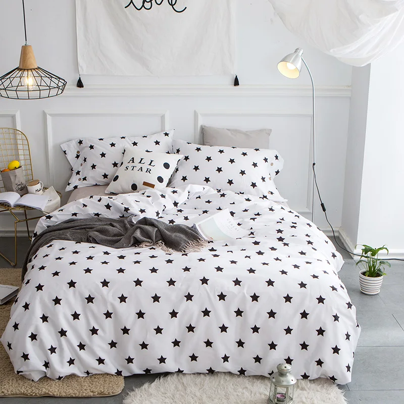 

White Blue Red Black Star Bedclothes Adults Girls 100% Cotton Bedding set Queen King size 4Pcs Duvet cover Bed linen sheet 36