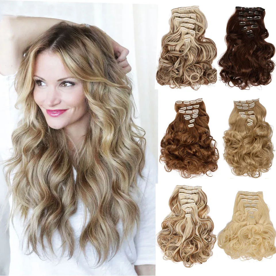 24" Long Wavy 10 Colors Clip in Hair Extensions 7pcs/set Long Hairpiece Curly Wavy Heat