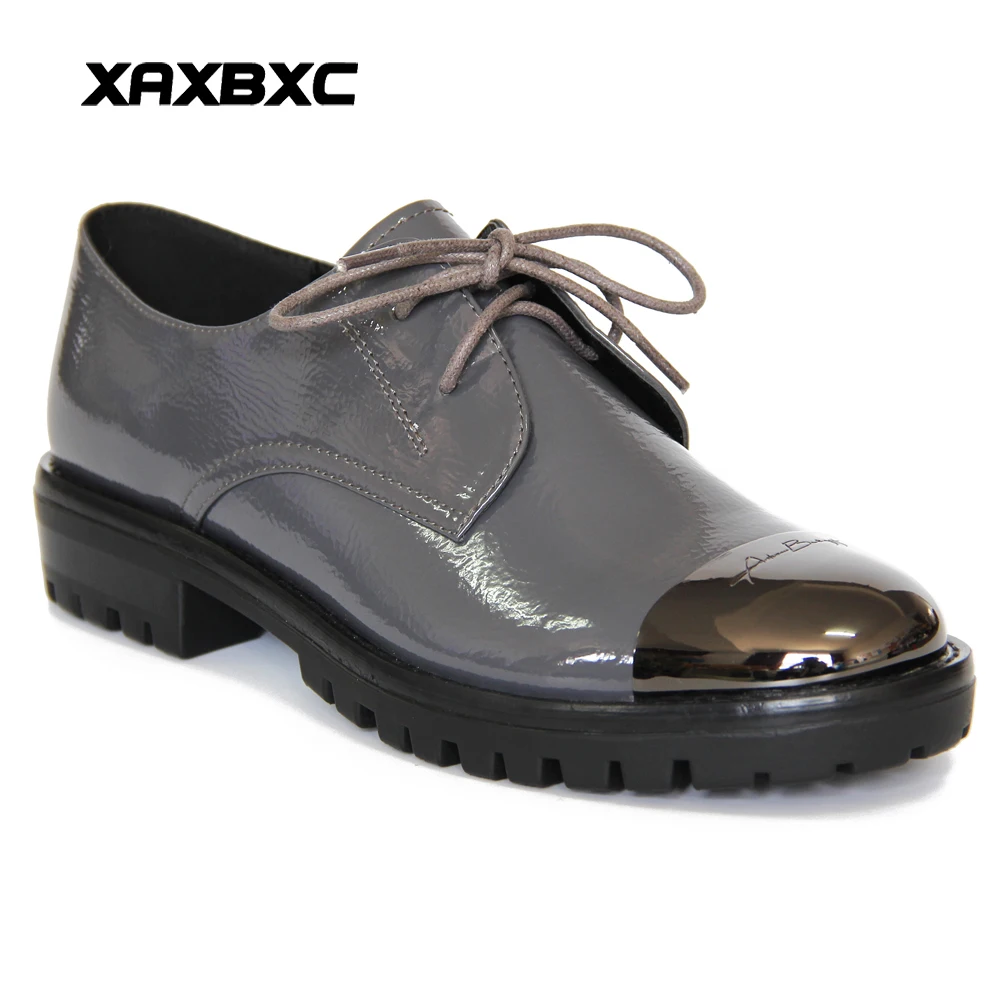 

2019 New Autumn Spring Leather Brogues Oxfords Platform Low Heels Women Pumps Casual Mujer Metal Round Toe Ladies Shoes