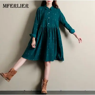 Winter-Autumn-Dresses-Green-Color-Long-Sleeve-Casual-Loose-Dresses-Turn-Down-Collar-Corduroy-Dress-A