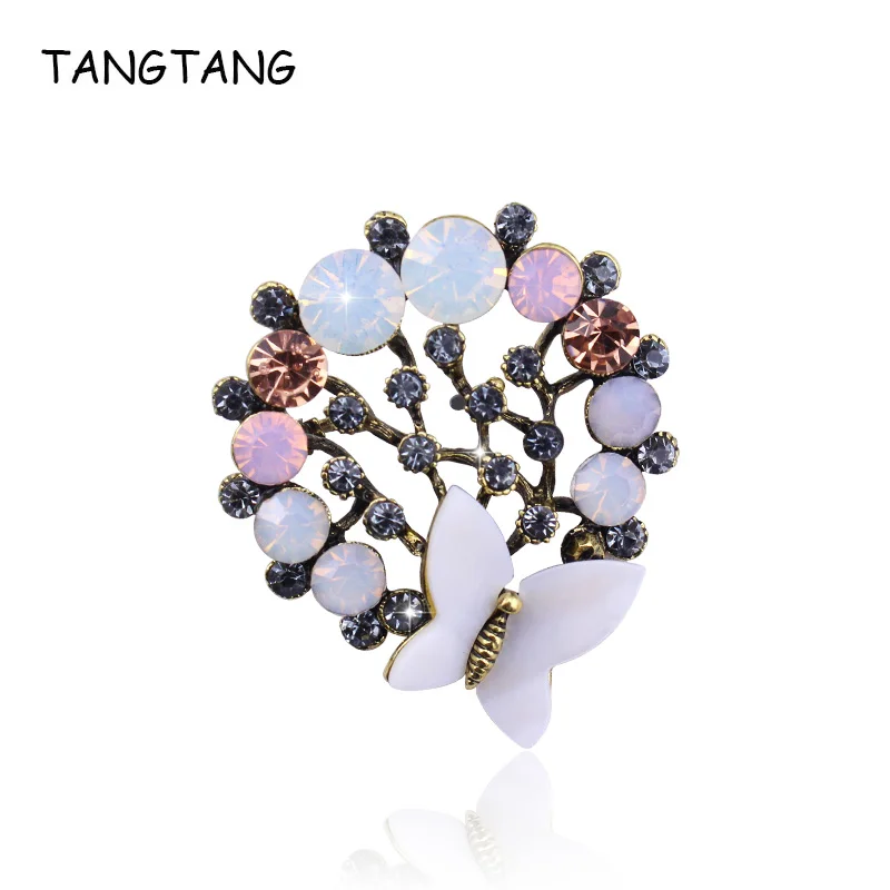 

TANGTANG Pins Brooches For Women Opal Rhinestone Shell Butterfly Pin Badge Brooch Jewelry Antique Golden Plated Flower Brooch