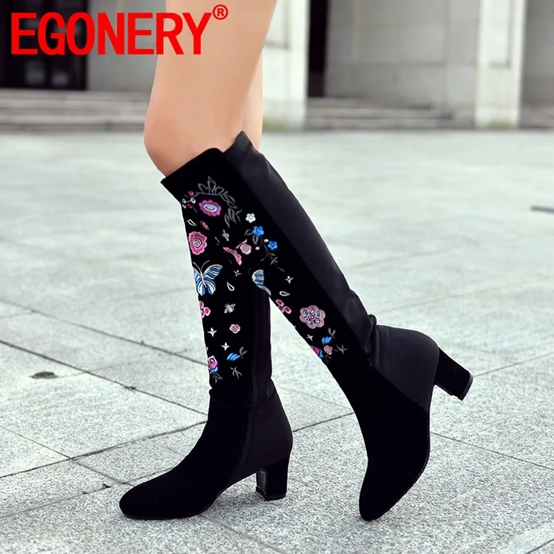 

EGONERY woman shoes 2019 winter new fashion embroider round toe flock knee high boots outside high heels zip shoes drop shipping