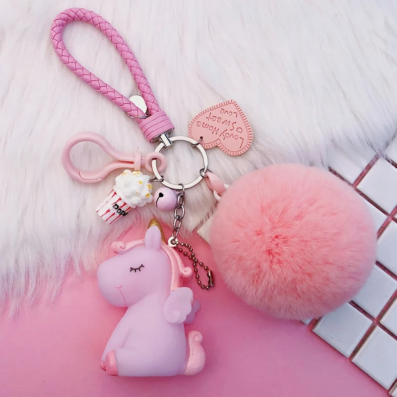 

10pcs/lot Fashion Jewelry Girl women heart Unicorn Car Keychain Female Creative DIY Hairball Accessories Key Chains Bags Pendant