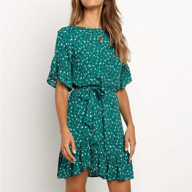 

2019 Summer O Neck Ruffles Dress Women Short Flare Sleeve Beach Print Dress Casual Ladies Dresses Vintage Tunic Mini Dresses