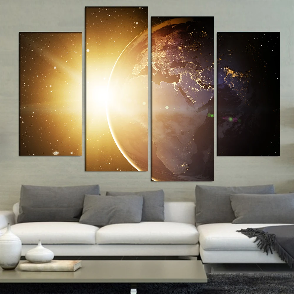 Home Print Canvas Painting Framework Vintage Art Wall Earth 4 Panel Sun ...