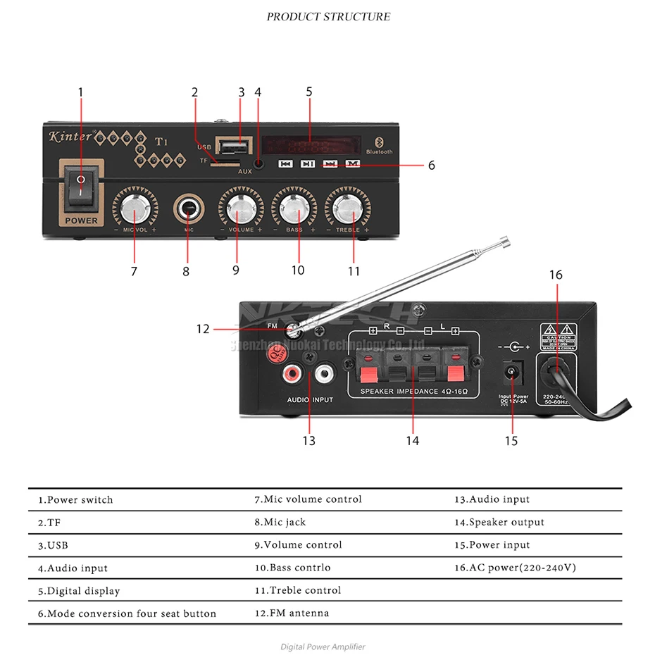 Car Power Amplifier Kinter T1 Digital Audio Player Bluetooth 2CH 25W RMS HiFi Stereo Super BASS DC12V 220-240V Karaoke MIC Input