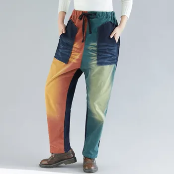 

Patchwork Wide Leg Denim Harem Pants Winter Women Elastic Waist Fleeced Jeans Loose Vintage Drawstring Velvet cowboy Trousers