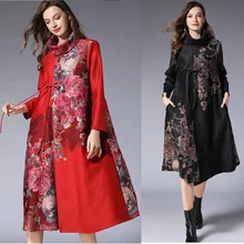 New2018 сезон осень-зима; в стиле ретро; Платье с принтом; женские замшевые длинное платье с высоким, плотно облегающим шею воротником асимметричное элегантное Повседневное vestidos Большие размеры XXXXL