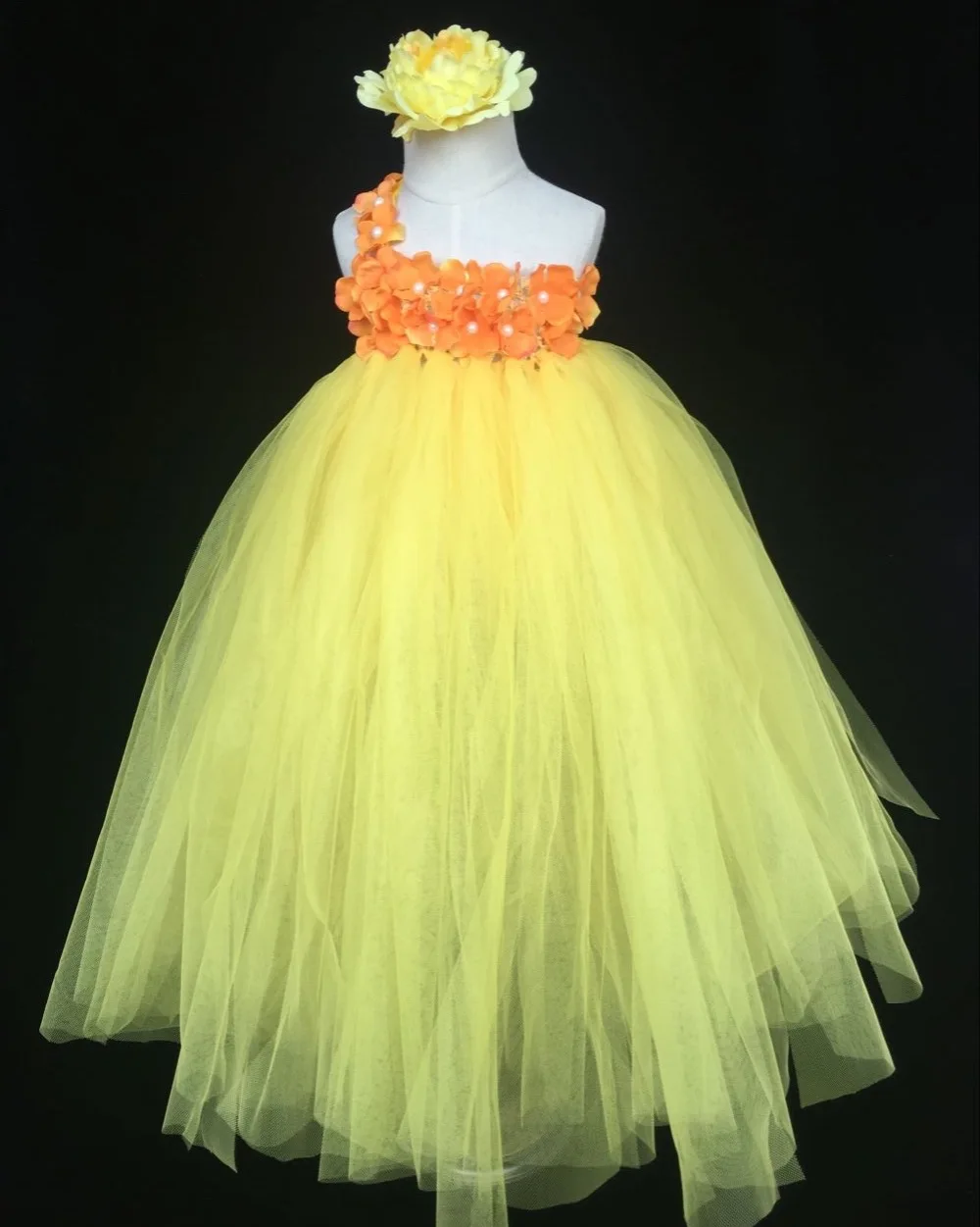 Girls Yellow Crochet Tutu Dress Baby Fluffy Tulle Single Shoulder Ball Gown with Flower Headband Kids Costume Party | Детская одежда и