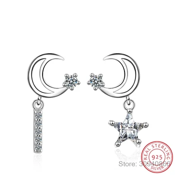 

New Shinny Cubic Zirconia Star Moon Earrings For Women 925 sterling silver Crystal asymmetric Earring Jewelry Drop Shipping