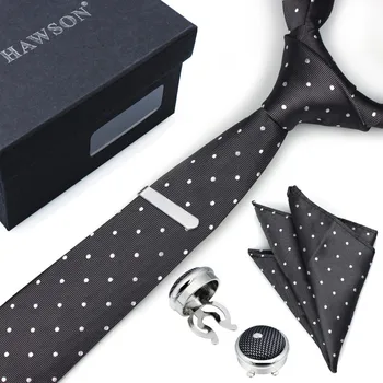 

HAWSON White Dots in Grey Tie Set with Pocket Square Ties Clip Button Cover Cuff-links in Gift Box the Best gifts for Men