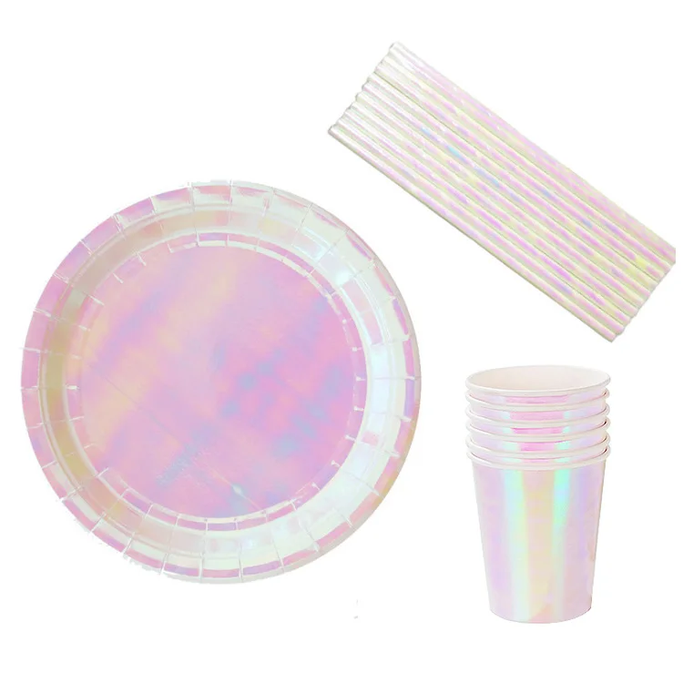 

Rose Gold Laser Disposable Tableware Sets Bling Paper Straw Party Cup Plate Party Wedding Decor Birthday Kids Party Supplies