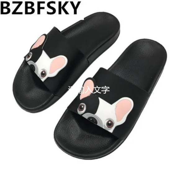Cute Dog Cartoon Women Slides 2018 Fashion Pu Leather Beach Shoes Women Flat Heels Flip Flops Barefoot Slippers Zapatillas Mujer