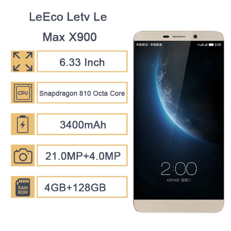 LeEco Letv Le Max X900 смартфон 6,33 ''3400 мАч Восьмиядерный процессор Snapdragon 810 4 Гб ОЗУ 128 ГБ 21 МП