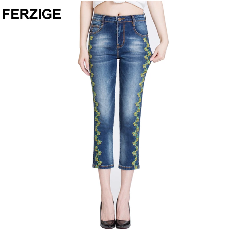 

FERZIGE Summer Women's Jeans Pencil Pants Floral Embroidery High Waist Stretch Slim Push Up Jeans Elegant Women Ladies Mujer 36