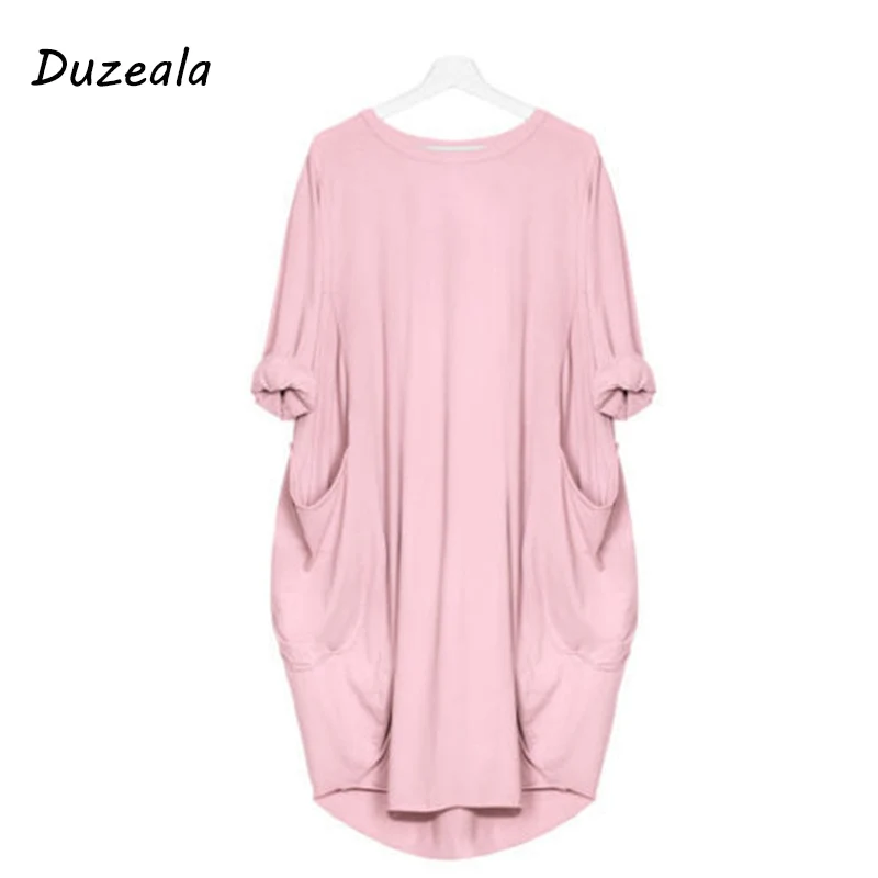 Горячая Распродажа осенне-зимнее женское модное свободное платье с карманами, женское однотонное повседневное длинное платье с вырезом лодочкой размера плюс Vestido - Цвет: Pink