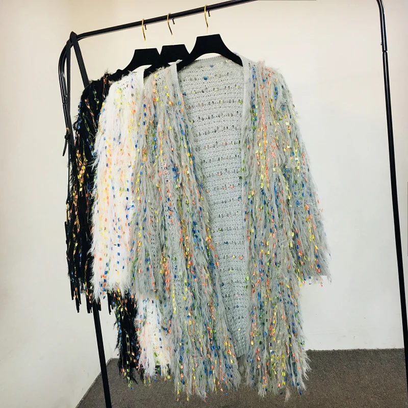 Lambs Sequins Tassels Knitted Sweater Long Jacket