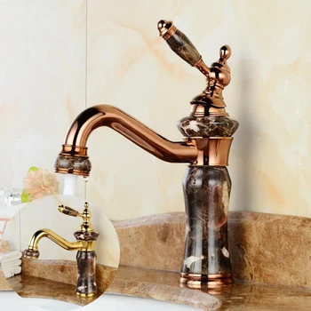 

Luxury Rose gold plated Natural Jade & Solid Brass Single Handle Mixer Tap basin faucet golden Bathroom Sink Faucet