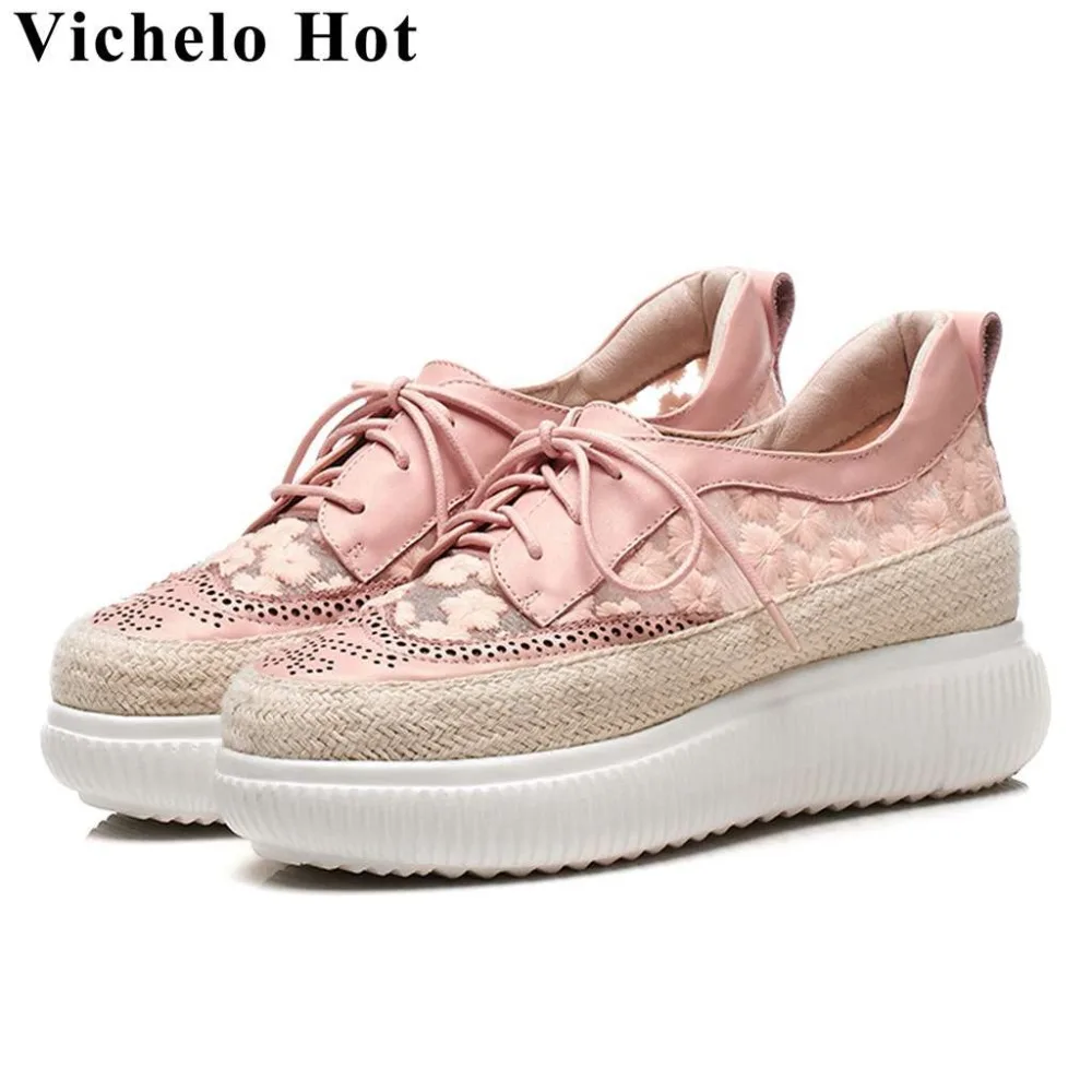 Кроссовки Vichelo из 2019 натуральной кожи на шнуровке с цветочной вышивкой весенние