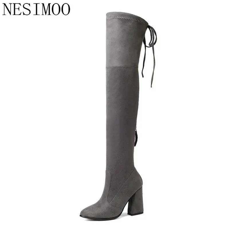 

NESIMOO 2019 Winter Women Over The Knee Boots High Heel Pointed Toe Platform Shoe Lace Up+Zipper Ladies Leisure Boots Size 34-43