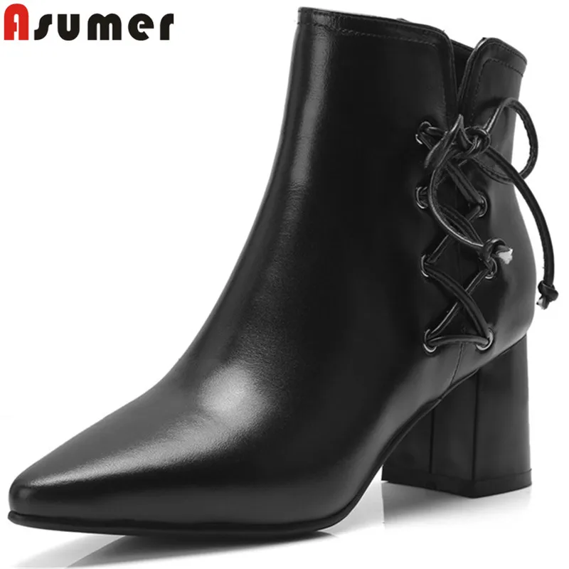 

ASUMER 2019 fashion ankle boots for women pointed toe zip genuine leather boots high heels shoes cross tied autumn winter boots