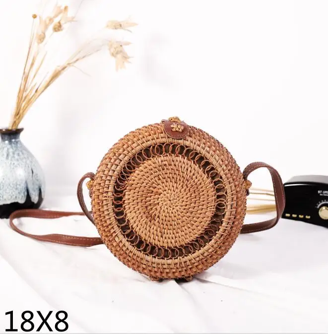 Плетеная Сумка из ротанга, круглая соломенная сумка на плечо, маленькие пляжные сумки, женские летние полые сумки ручной работы, сумки через плечо - Цвет: 18x8cm