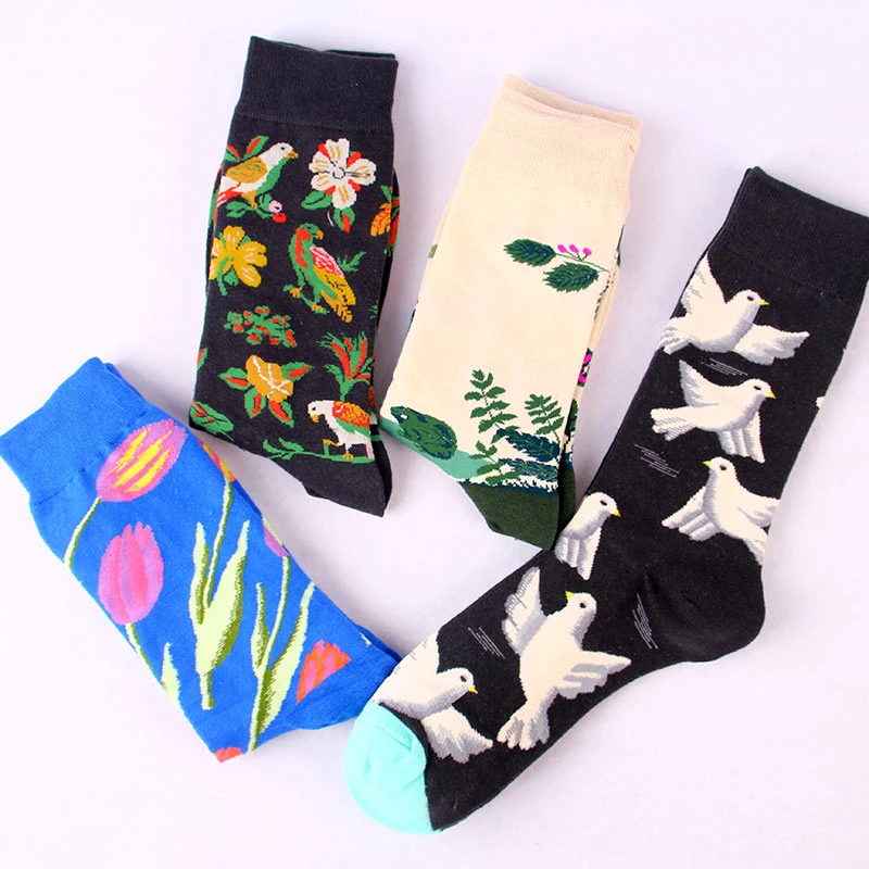 Новое поступление, мужские хлопчатобумажные счастливые мужские носки, цветные теплые забавные носки с цветами и птицами, Calcetines Hombre Divertido, подарок для мужчин