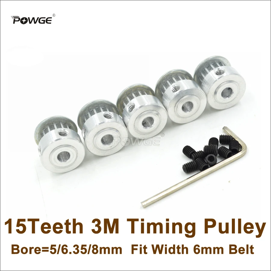 

POWGE 5pcs 15Teeth 3M Timing Pulley Bore 5/6.35/8mm Fit Width 6mm HTD 3M Belt 15T 15 Teeth HTD3M Pulley CNC Engraving Machine