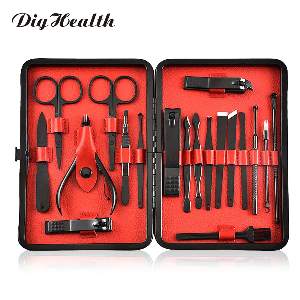 

19pcs Black Manicure Set Stainless Steel Nail Cuticle Cutter Trimmer Pedicure Scissor Tweezer Knife Ear Pick Nails Art Tools