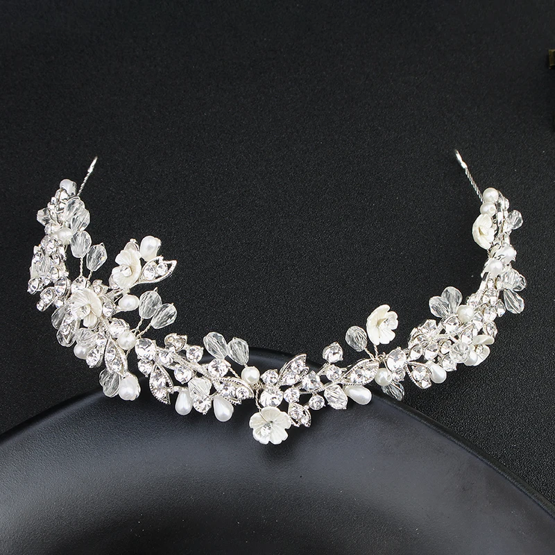 QYY Fashion Small White Flower Handmade Wedding Headband Bridal Hair Accessories Rhinestone Hair Vine Women Tiaras and Crown