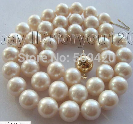 

~~ W&O656 >>AAA 18" Natural 11mm White Round Pearl Necklace 14KT