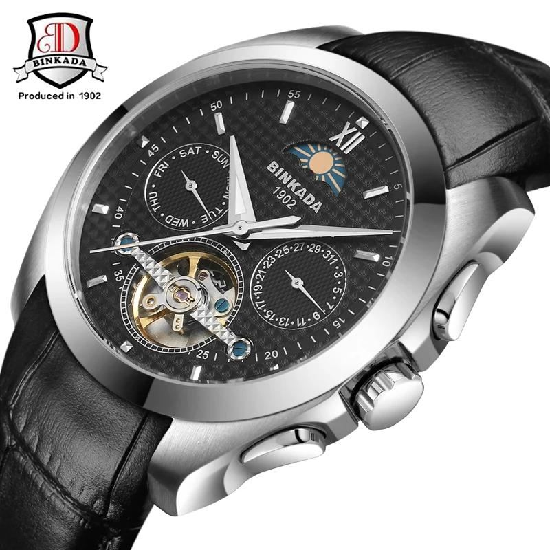 

Automatic Self-Wind Calendar Men's Watch BINKADA Military Sport Watch Relogio Masculino Leather Mechanical Watch High Quality