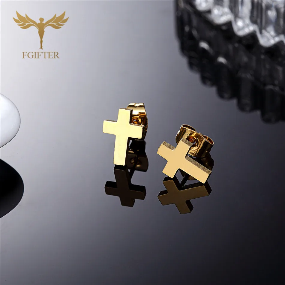 FGifter Wholesale Christ Cross Earrings Lots Stainless Steel Stud Jewelry Earring Small Women Men Kids Children Gifts 12 Pairs