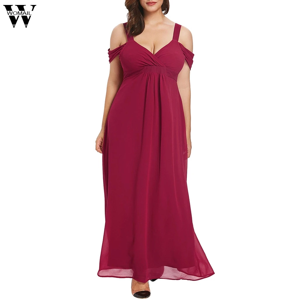 

Womail Plus Size Dresses Women's Fashion Chiffon Empire Waist Cold Shoulder V-Neck Solid Dresses For Ladies June4 Vestido